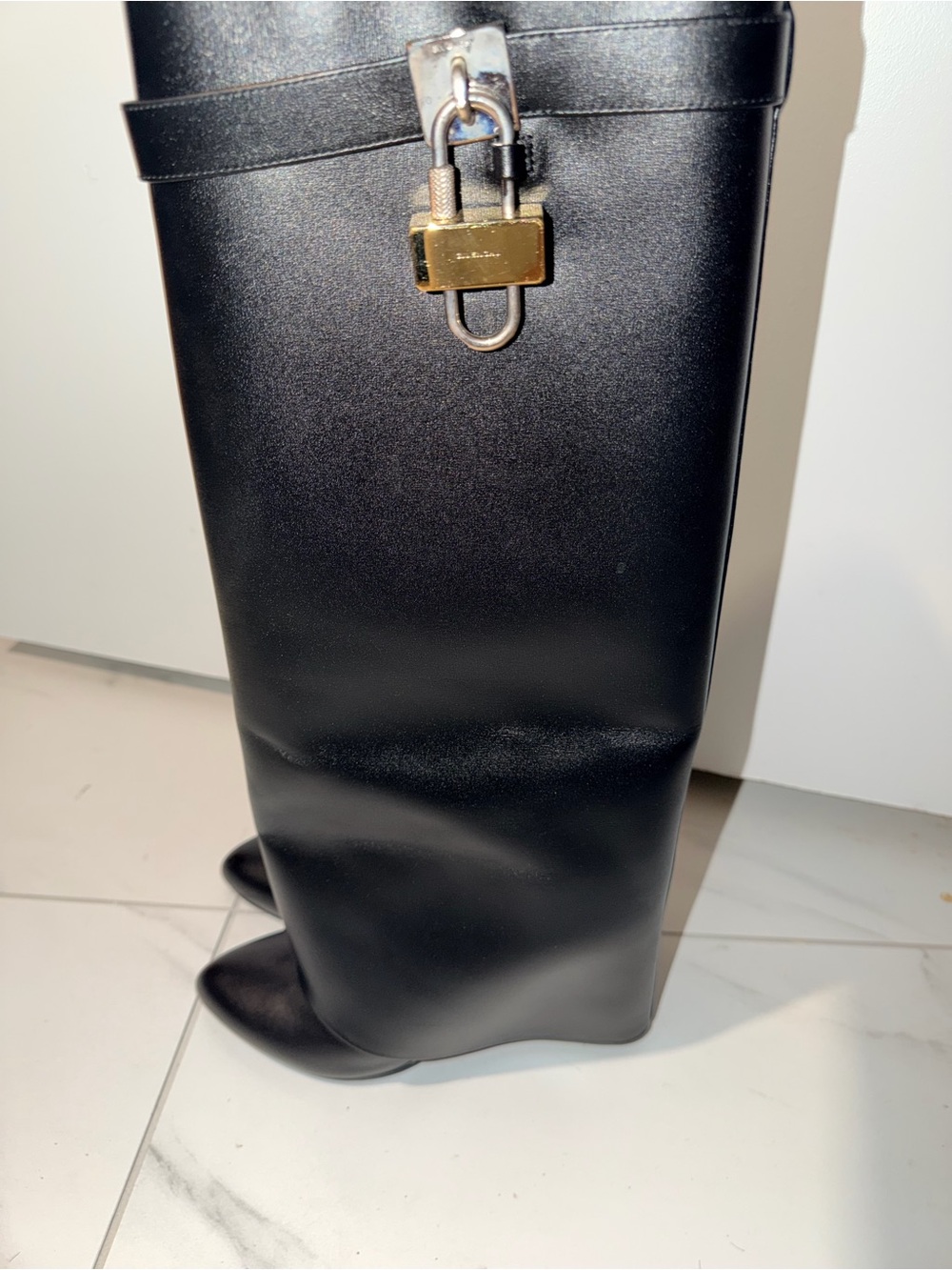 Givenchy Black Wedge Knee Boots with Padlock Accent - Picture 6 of 8